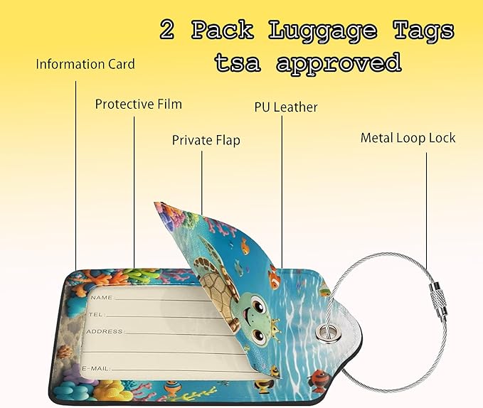 TSA Approved Luggage Tags for Suitcases Sea Turtles 2 Pack Funny Leather Carnival Cruise Airport Cute Travel Name Tags Golf Bag tag Ships Essentials Privacy Cover ID Label for Women Men