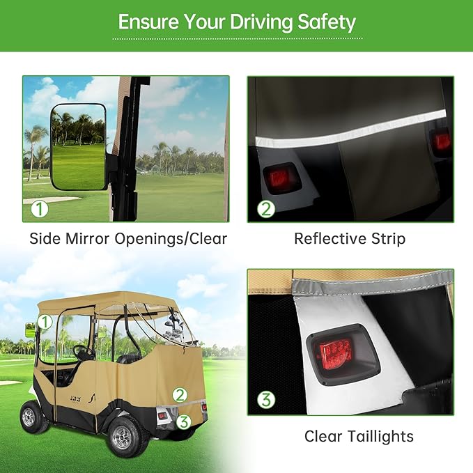 10L0L Golf Cart Enclosure Fit for 2 Passengers EZGO TXT RXV,600D Waterproof Snowproof Golf Buggy Keep Warm Cover, 2 Door Zippers 4-Side Clear Window and 4 Windproof Hooks Golf Cart Rain Cover, Black