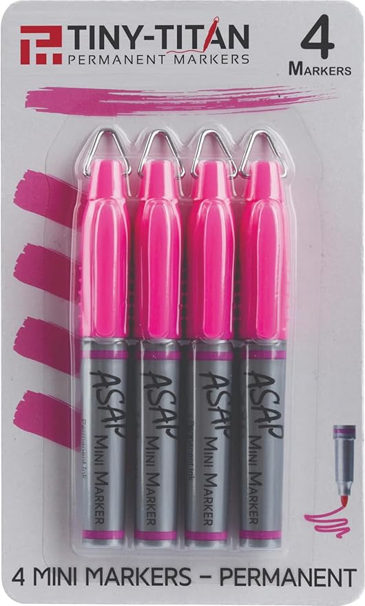Tiny-Titan Mini Markers, Mini Markers, Keychain Clip, Golf Ball Marker, Clip On Nurse's Badge - Mini Markers - PINK Ink - Fine Point - 4 Pens Per Pack