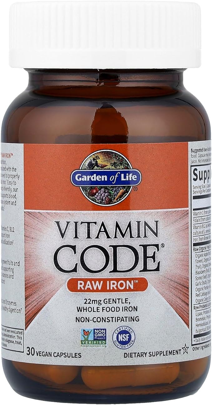 Garden of Life Vitamin Code Raw Iron Supplement - 30 Vegan Capsules, 22mg Once Daily Iron, Vitamins C, B12, Folate, Fruit, Veggies & Probiotics, Iron Supplements for Women, Energy & Anemia Support