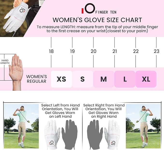 FINGER TEN Womens Ladies Golf Gloves Pair Both Hand or 2 Pack Left Right Hand, All Weather Grip & Comfortable Glove for Serious Performance, Stylish Pink White Fit S M L XL