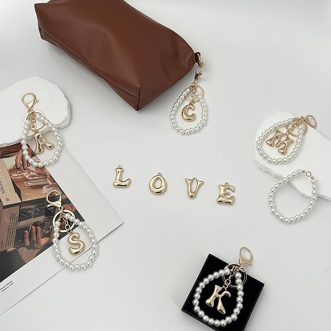 Gold Bubble Heart, Cherry, Bow & More Designs Letter Initial Keychain Bag Charms – Cute Purse Charms for Handbags