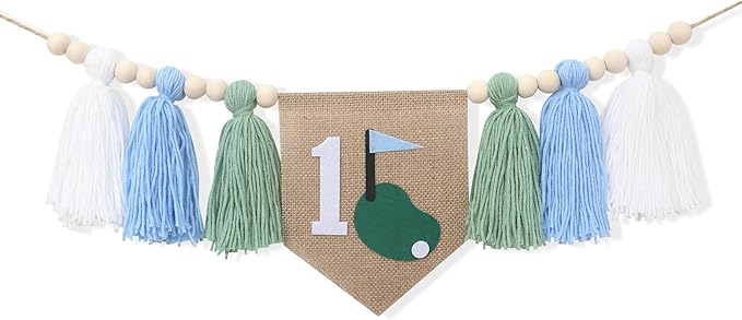 Golf Theme 1st Birthday Tassels High Chair Banner - Green Blue Golf Hole In One First Birthday Decorations