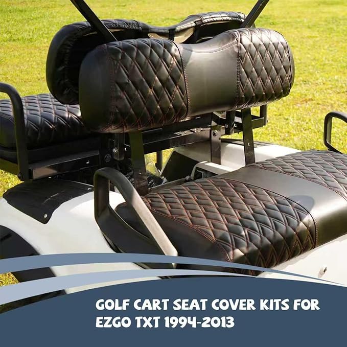 4PCS Golf Cart Diamond Seat Covers Kit, Fits EZGO TXT 1994-2013 Golf Cart Vinyl Replacement Seat Cover （Black Stitching, No Stapler, Easy to Clean）
