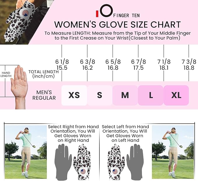 Amy Sport Womens Golf Glove with Ball Marker Rain Left Right Hand Leather Printed Pack, Ladies Golf Gloves All Weather Grip Breathable Soft Size Small Medium Large XL