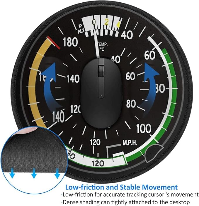 Mouse Pad Airplane Aircraft Speedometer Pilot Flight Mouse Pads for Desk, Stitched Edge Mousepad with Non-Slip Rubber Base, Gaming Mouse Mat for Computer Laptop Home Office