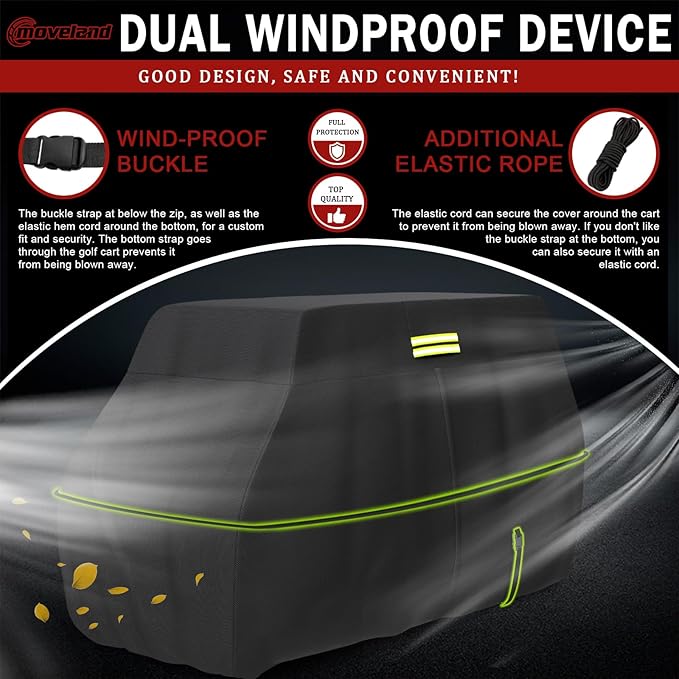 moveland 4/6 Passenger Golf Cart Cover, 100% 600D Waterproof, Universal Fits Most 4/6 Passenger EZGO, Club Car, Yamaha Golf Carts