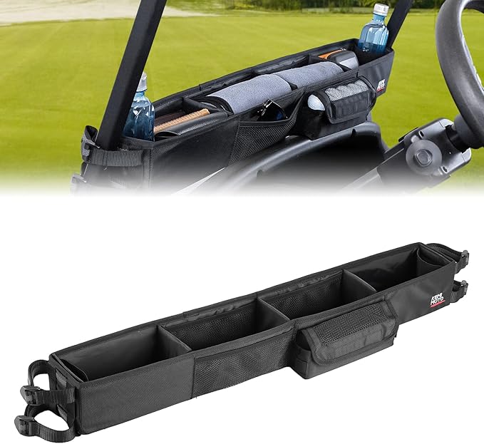 KEMIMOTO Upgraded Golf Cart Front Storage Basket No Drilling Golf Cart Storage Tray Compatible with EZGO Drive Club Car Kandi Electric Golf Carts, 1680D Golf Cart Caddy Organizer, Black
