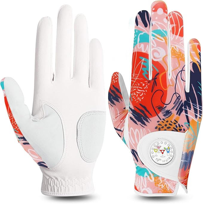 FINGER TEN Stylish Golf Gloves Women with Ball Marker 1 Pack for Left or Right Hand, Breathable Glove with Fashion Patterns for Ladies Right Left Handed Golfer