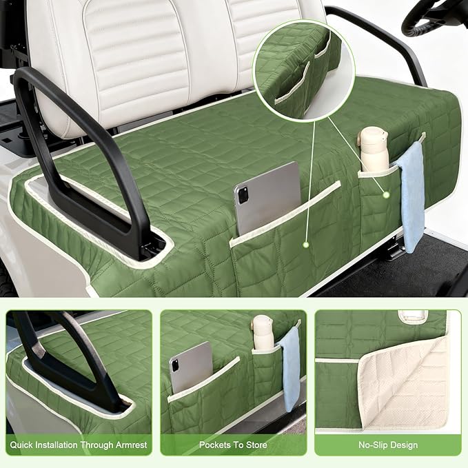 Golf Cart Seat Cover, Universal Bench Seat Cover with Storage Pockets, Non-Slip Seat Protector for Golf Cart, Fits EZGO Club Car Yamaha, Easy Install