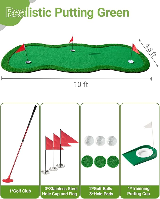 Golf Putting Green Mat-10x4.8Ft Professional Large Practice Putting Mat with 3 Flags 1 Movable Cup 1 Golf Club 3 Balls for Indoor and Outdoor Party GameTraining Mat