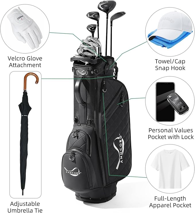 Golf Stand Bag with 14 Way Full Length Dividers, PU Leather Golf Bag for Men, Waterproof Golf Bags with Stand, 6 Pockets & Cooler Pouch, Adjustable Dual Straps, 2 Rain Cover Hood