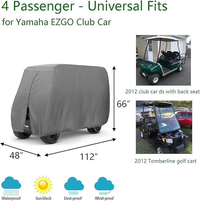 FLYMEI Golf Cart Cover Waterproof, 420D Fabric Universal Fits for Most Brand 2/2+2/4/4+2 Passengers Yamaha, Honda, Club Car, EZGO Golf Cart
