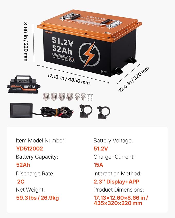 VEVOR 48V (51.2V) 52AH Lithium Golf Cart Battery, with 15A Charger, Lifepo4 Battery Kit, Built-in 100A BMS, with Bluetooth Mobile APP & Display Monitor, 4000 Cycles, for Golf Carts, Trolling Motors