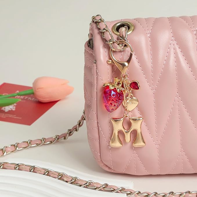 Snycler Bubble Initial Keychain with Strawberry & Bow- Gold Letter Bag Charms for Women, Cute Purse Handbag Accessories