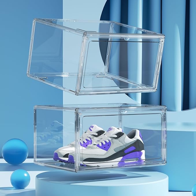 HIYOHIYO Acrylic Clear Shoe Storage Boxes Stackable for High-end Sports Shoes 360° Fully Transparent Display Box with Magnetic Door Suitable for Ankle Boots High Heels Size 14 (1-Pack)