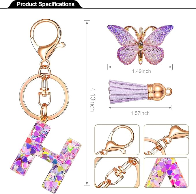 JINGUAZI Initial letter Keychains for Women Tassel Butterfly Pink Purple Cute Car Keychain for Wallet Backpack bag charm