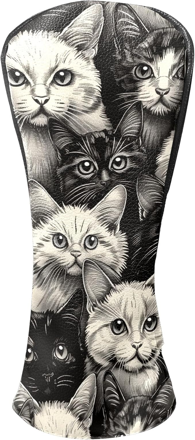 Golf Club Covers Cats Black Driver Headcover, Leather Golf Club Head Covers for Driver Fairway Woods Waterproof Golf Headcovers with Anti-Scratch Lining for Men Women