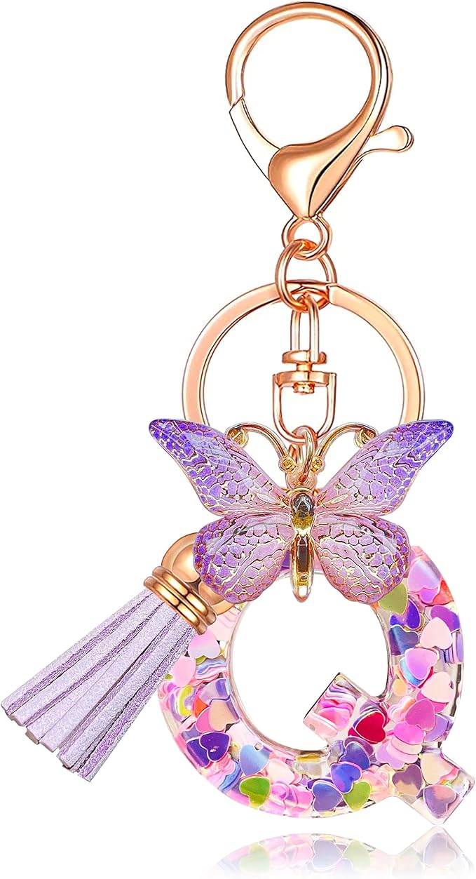 JINGUAZI Initial letter Keychains for Women Tassel Butterfly Pink Purple Cute Car Keychain for Wallet Backpack bag charm