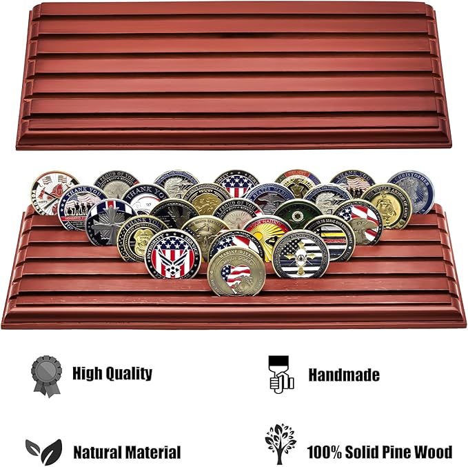 PiaoHao 6 Row Military Challenge Coin Display Case - Natural Solid Wood Stand Holds 30-45 Coins - Army Police Collectors Holder