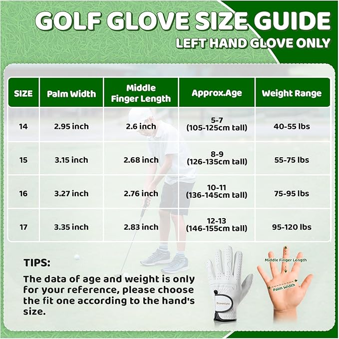 Braventure Breathable Kids Golf Glove: Age 5-13 Youth Leather Golf Glove with Golf Tees, Divot Tool & Gift Box for Boys Girls
