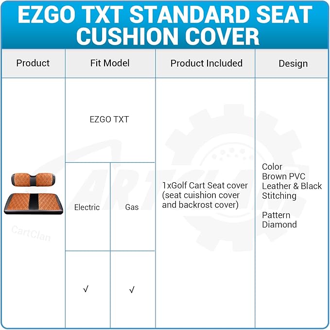 Golf Cart Seat Covers Suitable for EZGO TXT Standard Front Seat Cushion, Golf Cart Front Seat Covers Kit No Drilling & Waterproof (Brown PVC Leather & Black Stitching)
