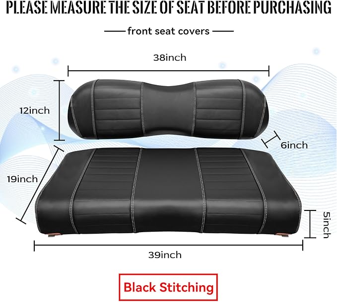 Golf Cart Seat Covers fits Club Car Precedent/DS/EZGO RXV/TXT/Yamaha Front Rear Seat Cushion，Black Leather Custom Stripe Soft Comfortable/Anti-Scratch/Easy to Clean
