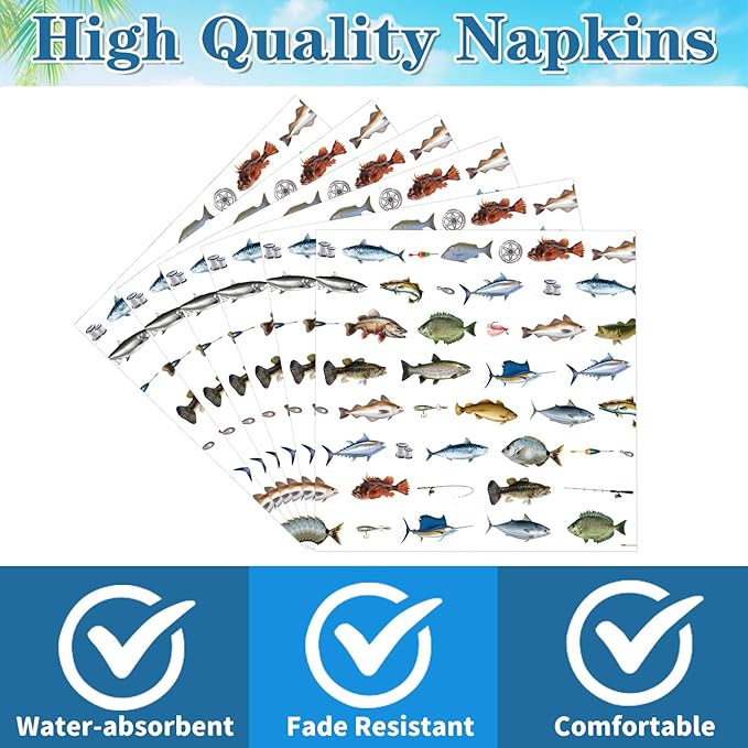 Gone Fishing Party Decorations, Disposable Paper Fish Napkins Supplies Pack of 50, Fishing Birthday Baby Shower Decor Size 6.5 Inch