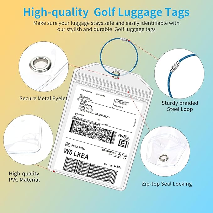 Extra Large Golf Luggage Tag Holders, 6 Pack Waterproof Plastic Zip Seal Pouch Shipping Label Holder with Sturdy Steel Loop for Golf Club Travel Luggage Bag (6 Pcs with 6 Colors Rings)