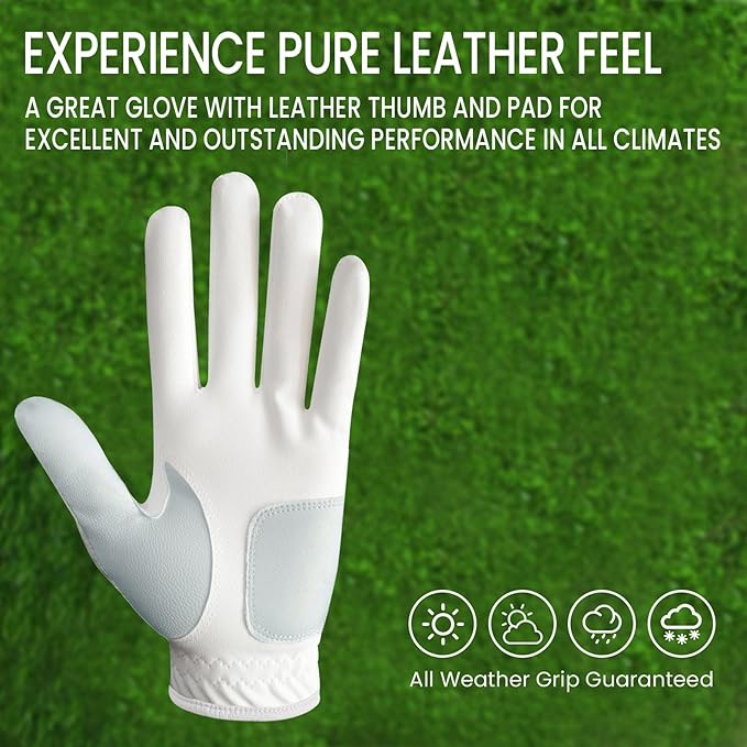 FINGER TEN Golf Gloves Men Right Handed Golfer Left Hand with Ball Marker 2 Pack Leather Breathable Comfortable Weathersof Grip Size Small Medium ML Large XL