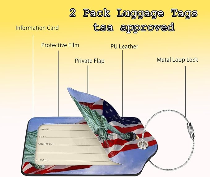 TSA Approved Luggage Tags for Suitcases Statue of Liberty Flag 2 Pack Funny Leather Carnival Cruise Airport Cute Travel Name Tags Golf Bag tag Ships Essentials Privacy Cover ID Label for Women Men
