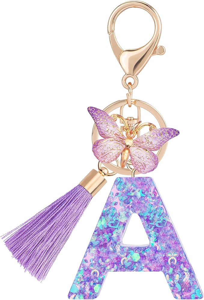 Suweibuke Colourful Cute Initial Letter Keychains for Women Girls with Tassel Butterfly, Charm for Purse Handbags Backpacks