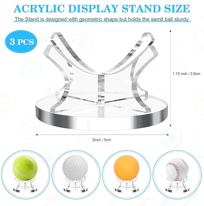 3 Pieces Acrylic Small Ball Stand Holder Sport Ball Display Rack Baseball Display Stand with 3 Pieces Non-Slip Rubber Pads for Baseball Golf Softball Tennis Spheres