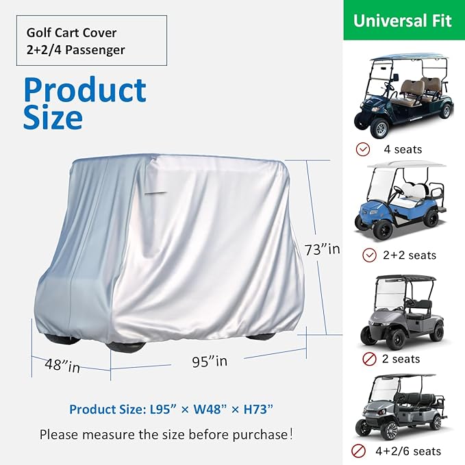 2/4 Passenger Golf Cart Cover for Yamaha EZGO Club Car, 420T Waterproof Polyester with Silver Coating,Waterproof,Dustproof,Windproof,Sunproof，All-Weather Protection (95-48-73-sliver)