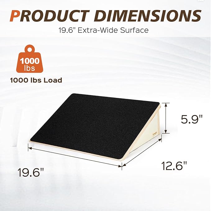 Wooden Slant Board for Squats & Calf Stretching – 19.6" Extra-Wide Non-Slip Surface, 1000 lbs Capacity, Durable Strength Training Wedge for Lower Body Workouts & Flexibility Training