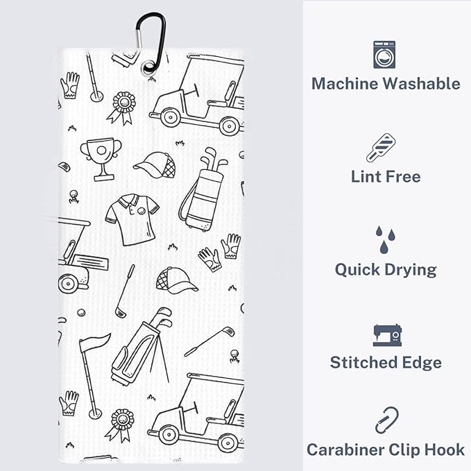Microfiber Golf Towels for Golf Bags & Carts - Premium Weave Waffle & Ball Towels with Carabiner Clip, Essential Accessories for Men, Women and Kids, Golfer Gifts, Set of 2 (Golf Doodles)