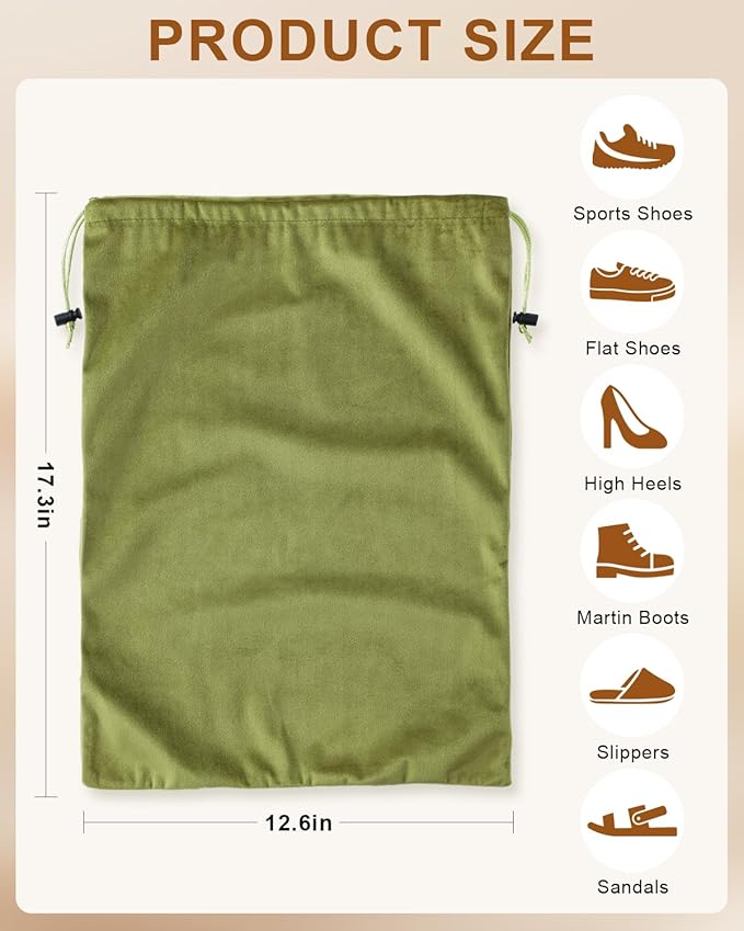 FantasyLife Shoe Bags for Travel, Washable Dust Bags for Storage & Packing, Flannel Shoe Pouch with Drawstring Closure for Purses, Handbags, Shoes & Toys (2, Sage Green)