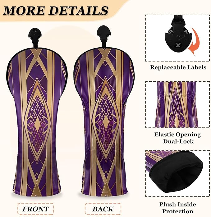 Leather Golf Club Head Covers for Driver/3 5 Wood/Hybird,Velvet,with Label,Purple-Glod
