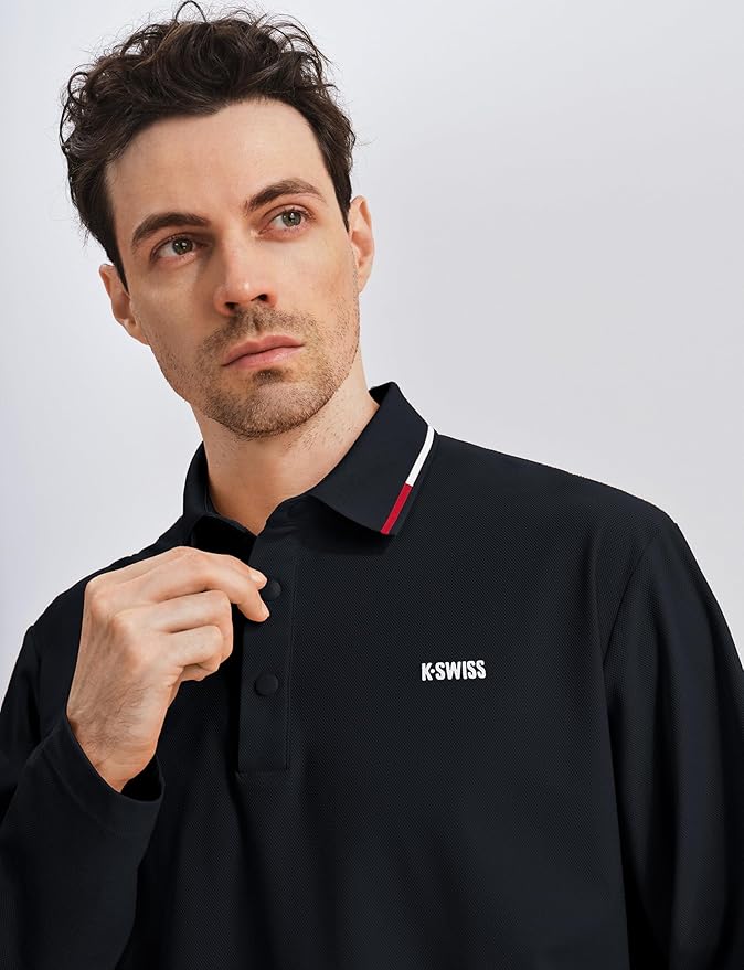 K-Swiss Men's Long Sleeve Polo Shirts - Golf Tennis Dry Fit Performance Moisture Wicking Casual Collared
