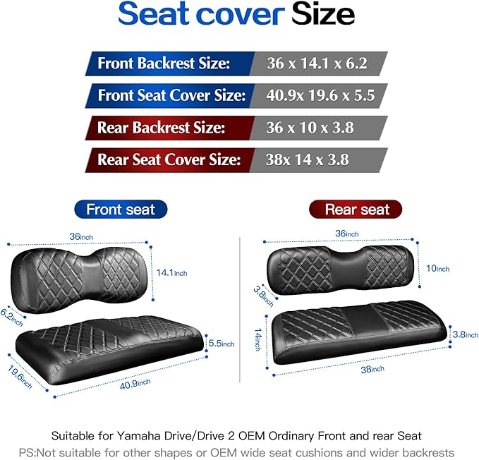 NOKINS 4PCS Golf Cart Diamond Seat Covers Kit,Front and Rear Seat Covers Fits for EZGO/Club Car/Yamaha Original Regular Seat Cushion, No Stapler