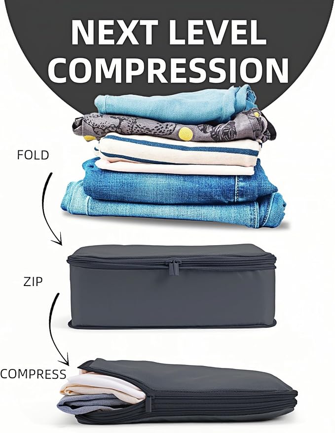 6 Set Compression Packing Cubes for Travel, Large Medium Small Luggage Organizers, Storage Bags for Clothes and Essentials (6 Pack, Charcoal Gray)
