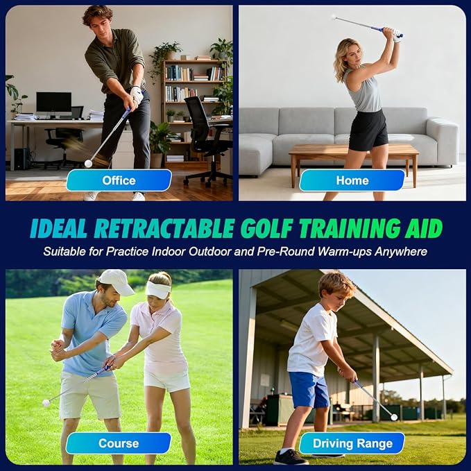 Retractable Golf Swing Training Aid, Right-Handed Golf Swing Trainer with Click Feedback, Tempo Stick Golf to Improve Strength & Tempo with Arm Band, Ideal for Beginners, Indoor & Outdoor Use