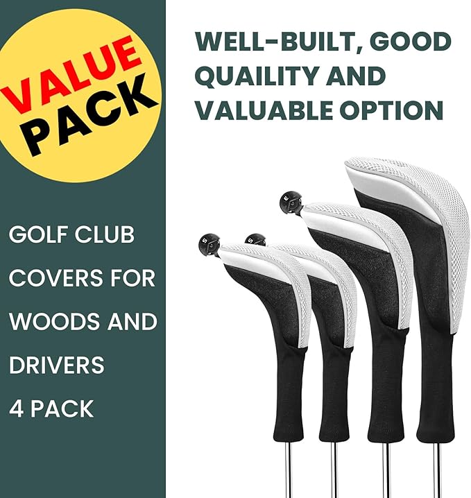 FINGER TEN Golf Club Head Covers Woods Driver Fairway Hybrid 3/4/5 Set, Headcovers Men 1 3 5 7 X Interchangeable Number Tag, Fit All Wood Clubs
