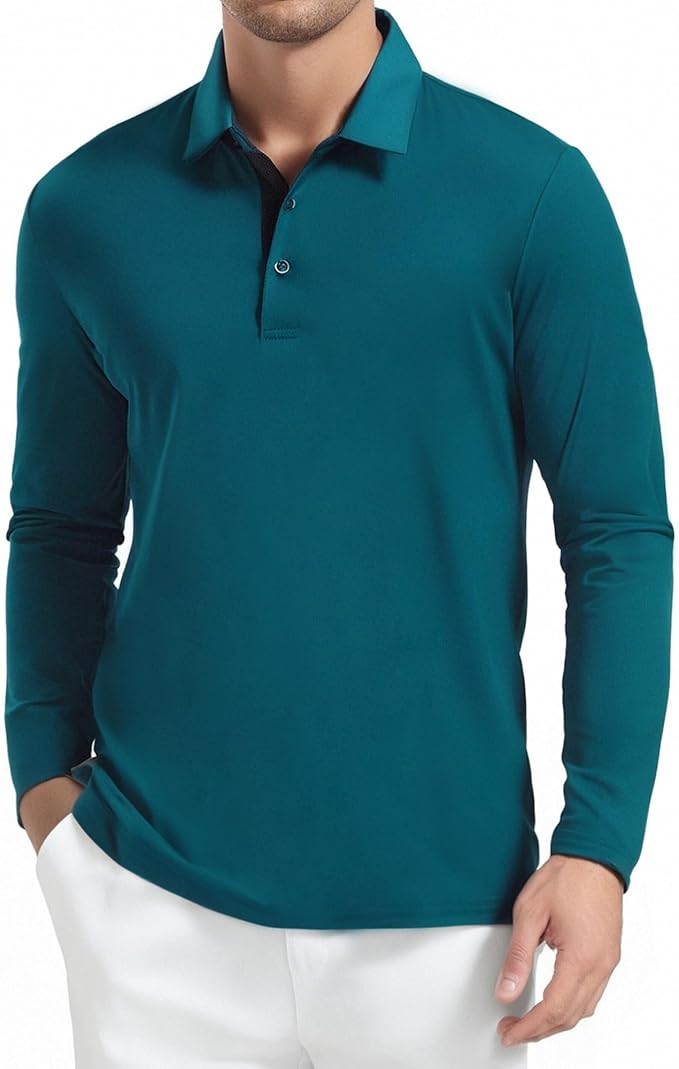 Alex Vando Mens Golf Shirt Moisture Wicking Quick-Dry Solid Long Sleeve Polo Shirts for Men