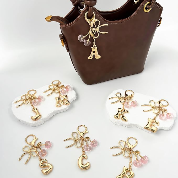 Gold Bubble Heart, Cherry, Bow & More Designs Letter Initial Keychain Bag Charms – Cute Purse Charms for Handbags