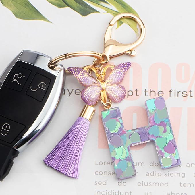 Suweibuke Colourful Cute Initial Letter Keychains for Women Girls with Tassel Butterfly, Charm for Purse Handbags Backpacks
