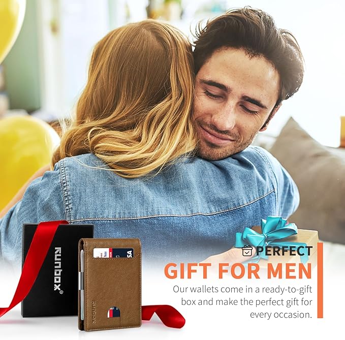 RUNBOX Money Clip Wallets for Men,Slim Leather Mens Bifold Wallet,RFID Blocking Front Pocket Wallet,Thin Credit Card Holder with Gift Box
