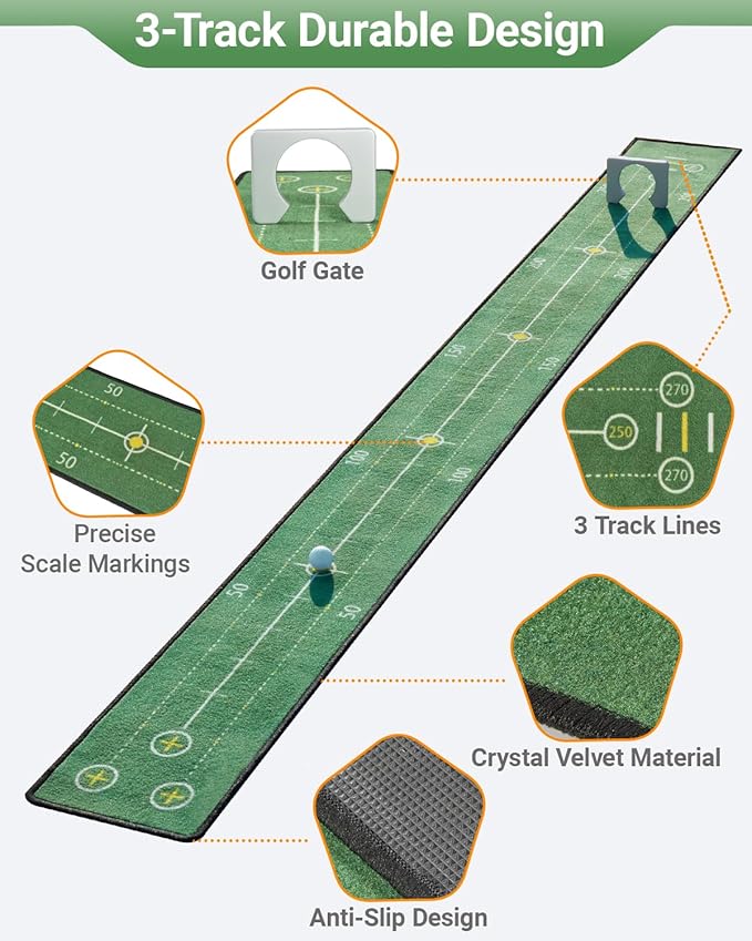 Golf Putting Game Set with Three-Track, Anti-Slip Backing Golf Putting Green Include 1 Club, 2 Balls, 1 Gate, 1 Portable Storage Box for Indoor/Outdoor