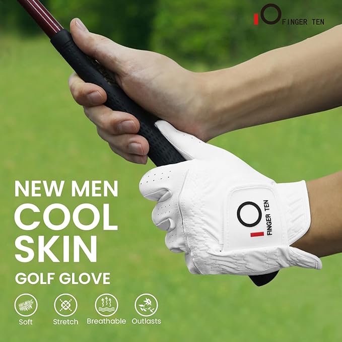 FINGER TEN All Weather Grip Golf Gloves Men Value 3 Pack for Right Handed Golfer, Hot Wet Rain Grip & Comfort Soft Glove for Premium Performance, Colors White Black Blue Sizes S M L XL