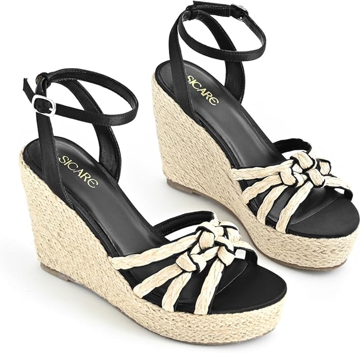 Open Toe Wedge Sandals for Women Espadrilles Platform Braided Strappy Sandals Comfortable Slip on High Heel Summer Wedges Sandals Dressy Shoes with Adjustable Ankle Strap